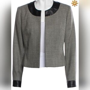 Cropped wool blazer w/leather trim
